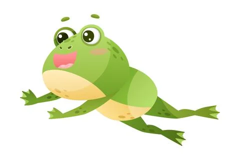 Cute Green Leaping Frog Character Jumping Vector Illustration Stock Illustration
