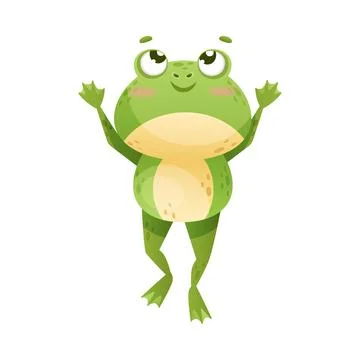 Cute Green Leaping Frog Character Standing with Raised Limbs and Smiling Vector Stock Illustration