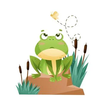 Cute Green Leaping Frog Character Sitting on Stone and Watching Fly Vector Stock Illustration