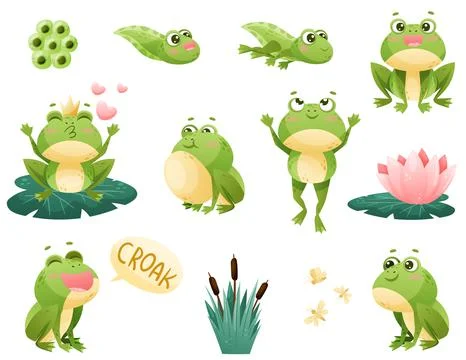 Cute Green Leaping Frog Character with Water Lily and Reed Vector Set Stock Illustration