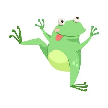 Cute Green Leaping Frog Character Having Fun Showing Tongue Vector Illustration Stock Illustration