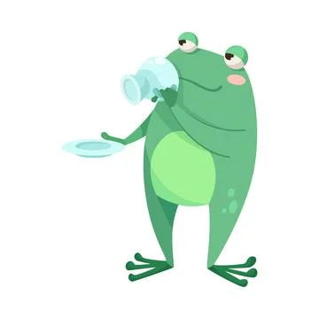 Cute Green Leaping Frog Character Drinking Tea with Cup Vector Illustration Stock Illustration