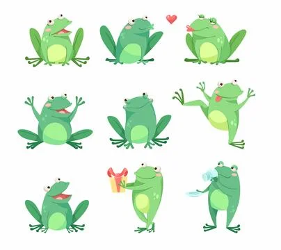 Cute Green Leaping Frog Character Sitting and Smiling Vector Illustration Set Stock Illustration
