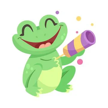 Cute Green Leaping Frog Character Sitting with Kaleidoscope Vector Illustration Illustrazione stock
