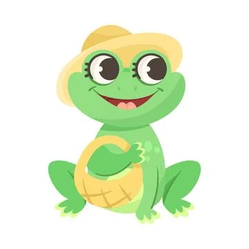 Cute Green Leaping Frog Character Sitting with Bag in Hat Vector Illustration Stock Illustration