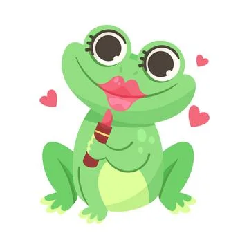 Cute Green Leaping Frog Character Sitting with Lipstick Vector Illustration Stock Illustration