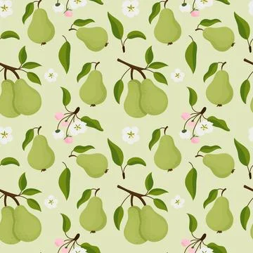 Cute Green Pear Seamless Pattern with Flowers, Stock Illustration