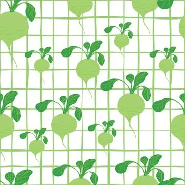 Cute green radish seamless pattern on stripes background. Vegetarian healthy  Stock Illustration
