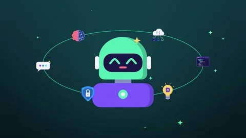 Cute green robot bobbing while six gadget icons circle around it seamless loop Stock Footage 348702562