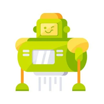 Cute green robot hovering and winking with propulsion jets Illustrazione stock
