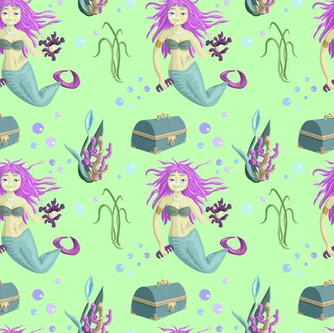 Cute green seamless pattern with little mermaid Illustrazione stock