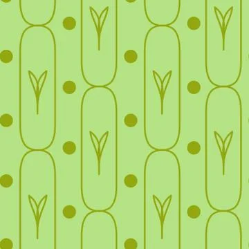 Cute green seamless pattern with outline leaves and circles Stock Illustration