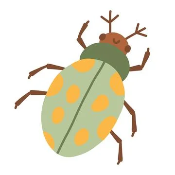 Cute green spotted beetle character vector illustration with yellow dots and Stock Illustration