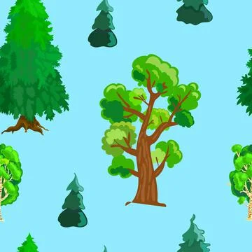 Cute green summer tree on blue seamless background Stock Illustration