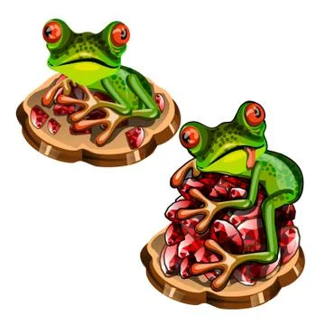 Cute green tree frog with a red tongue stole a precious stones rubies isolated Stock Illustration