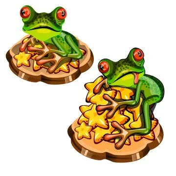Cute green tree frog with a red tongue stole a bunch of gold stars isolated on Stock Illustration