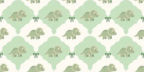 Cute green triceratops dinosaur pattern with bows and soft shapes Stock Illustration