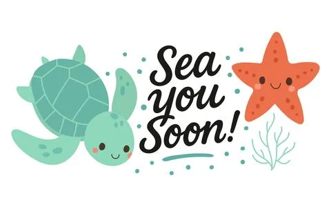 Cute green turtle and smiling starfish swim by a playful farewell message in Stock Illustration