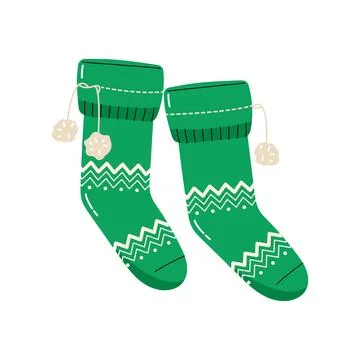 Cute green winter knitted socks with pom poms hanging on clothesline vector.. Stock Illustration