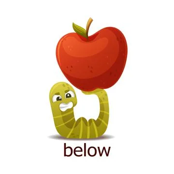 Cute Green Worm Below Red Apple Lifting It Up as English Preposition Word Vector Stock Illustration