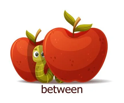 Cute Green Worm Between Red Apple as English Preposition Word Vector Illustrazione stock