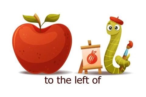 Cute Green Worm to the Left of Red Apple Drawing with Brush and Easel as English Stock Illustration