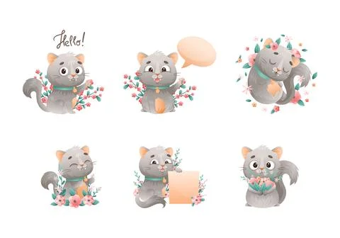 Cute Grey Cat with Neck Collar Sitting in Flowers with Empty Placard and Speech Stock Illustration