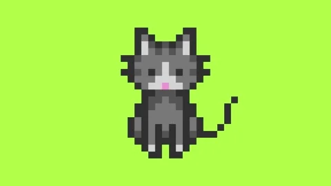 Cute grey cat pixel animation on green and white background Stock Footage 321137207