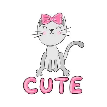 Cute grey cat on white background with lettering. T-shirt graphics design for Illustrazione stock