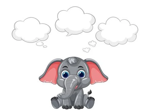 Cute grey elephant sitting under three empty speech bubbles on a white backgr Stock Illustration