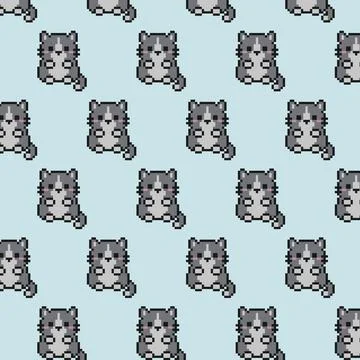Cute grey pixel cat pattern on light blue background. 8 bit cartoon animals Stock Illustration