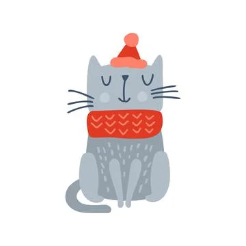 Cute grey vector santa cat with red Christmas hat and scarf on his head. Winter Stock Illustration