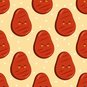Cute grilled steak characters forming seamless pattern Stock Illustration