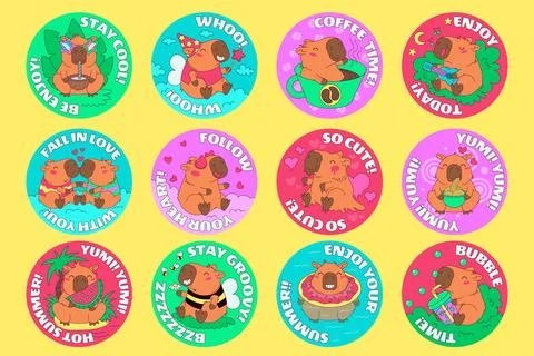 Cute groovy capybara character round stickers collection vector illustration set Ilustração Stock