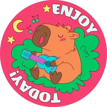 Cute groovy capybara playing ukulele guitar enjoy today badge sticker vector Stock Illustration