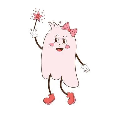 Cute groovy ghost with a magic wand and a bow Stock Illustration