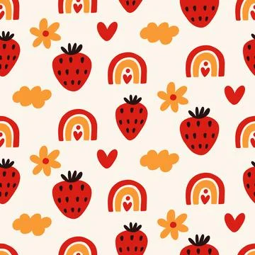 Cute Groovy Seamless pattern with strawberries, rainbows and daisy flowers Stock Illustration