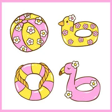 Cute Groovy Summer Float Set Bright Pastel Summer Things, flamingo float, d.. Stock Illustration