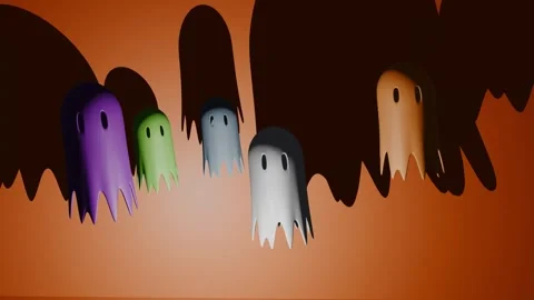 Cute group of colourful ghosts floating on orange background Stock Footage 345689698