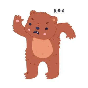 Cute grumpy baby bear growling. Funny wild forest brown animal character cartoon Stockillustratie