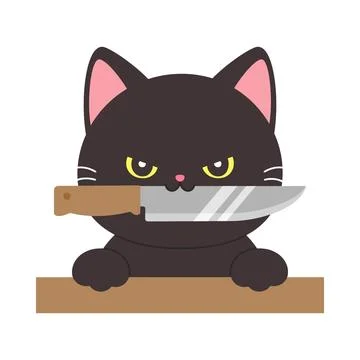 Cute Grumpy Black Cat Holding Knife in Mouth Stock Illustration