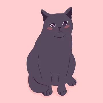 Cute grumpy cat with big eyes and pink cheeks sits on a pink background Illustrazione stock