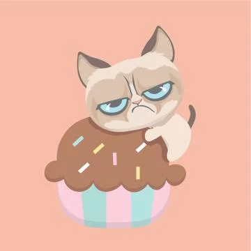 A Cute grumpy cat with dessert. Illustrazione stock