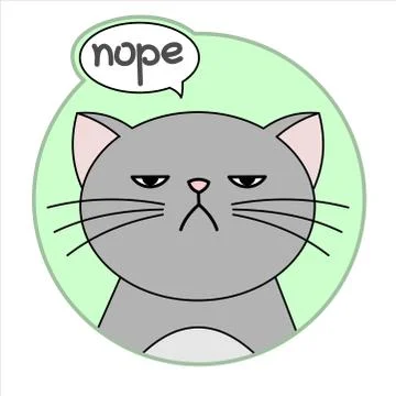 Cute Grumpy Cat, Round Icon, Emoji. Gray Cat With A Whiskers Is Unhappy, Says Stock Illustration