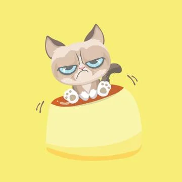 Cute grumpy cat sitting on pudding.. Stock Illustration
