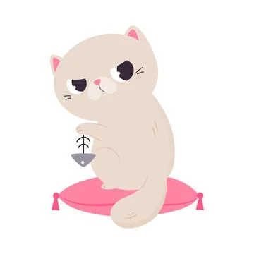 Cute Grumpy Cat with White Coat Sitting on Pink Pillow with Fish Bone Vector Illustrazione stock