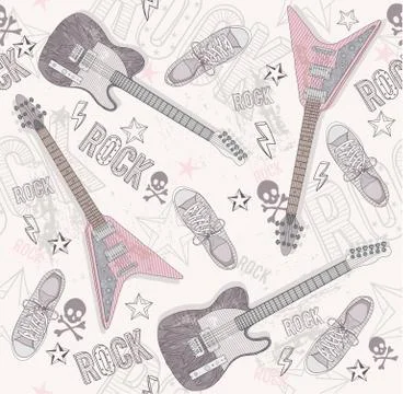 Cute grunge abstract pattern. seamless pattern with guitars, shoes, skulls, t Stock Illustration