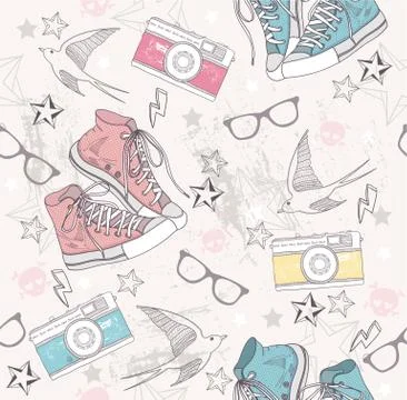 Cute grunge abstract pattern. seamless pattern with shoes, photo cameras, gla Stock Illustration