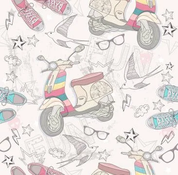 Cute grunge abstract pattern. seamless pattern with shoes, retro scooter, gla Stock Illustration