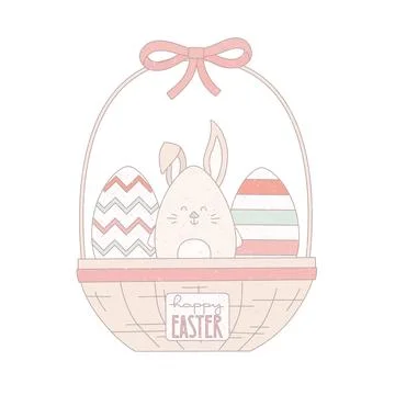 Cute grunge easter basket with bunny, eggs. Vector illustration for greeting Stock Illustration
